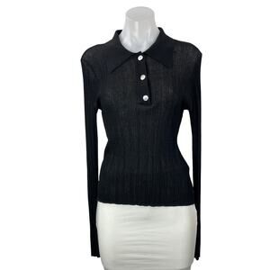 French Connection Women's Black Ribbed Knit Long Sleeve Henley Blouse Top Size L